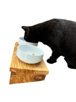 Thumbnail 2: Olivenholz-erleben Futterstation DANDY PLUS schräg mit 2 Porzellanschalen je 0,4 Liter