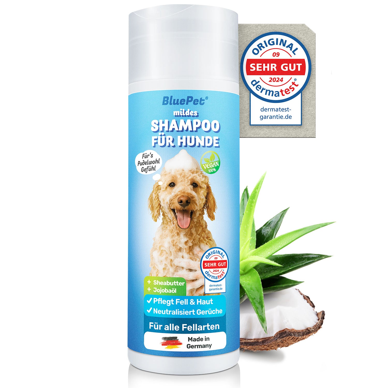 Produktbild von Mildes Hundeshampoo gegen Juckreiz, Gerüche & Schmutz - Rückfettend & pH-Neutral - sensitiv für alle Hunderassen & Welpen mit Aloe Vera & Jojobaöl