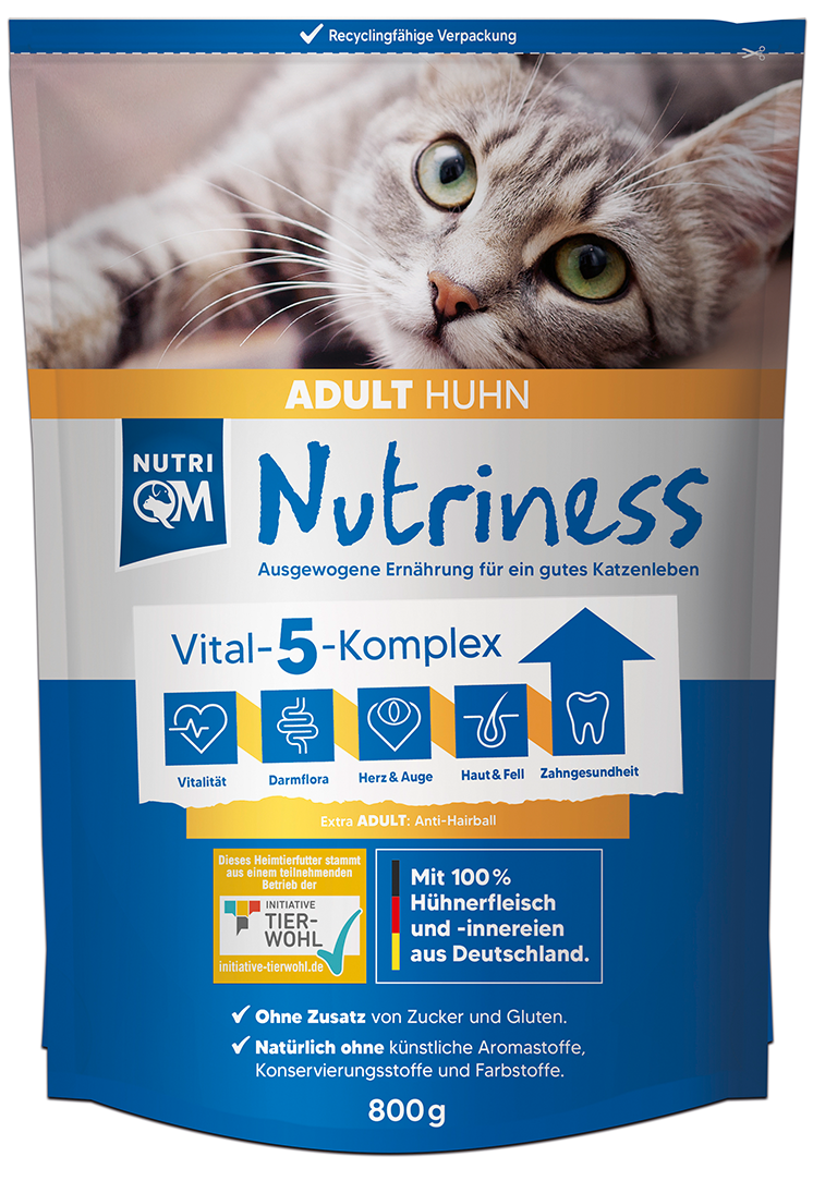 Thumbnail 4: NutriQM Adult Trockenfutter mit ITW-Siegel | für ausgewachsene Katzen | Nutriness Huhn 5 x 800g | ohne Zucker, Gluten & künstliche Zusätze
