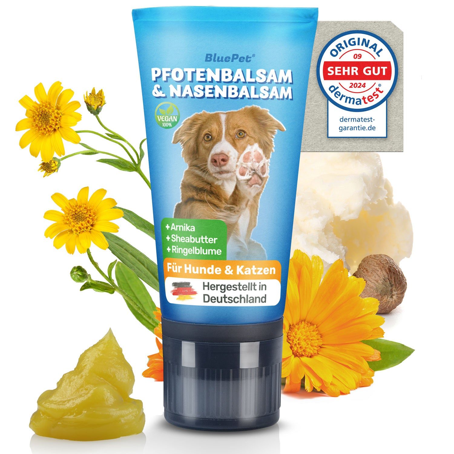 Produktbild von Pfotenbalsam Hund & Katze - Pfotencreme: Arnika, Ringelblume, Shea heilt, regeneriert trockene, rissige Pfoten & Nase - Pfotenpflege schnelleinziehend