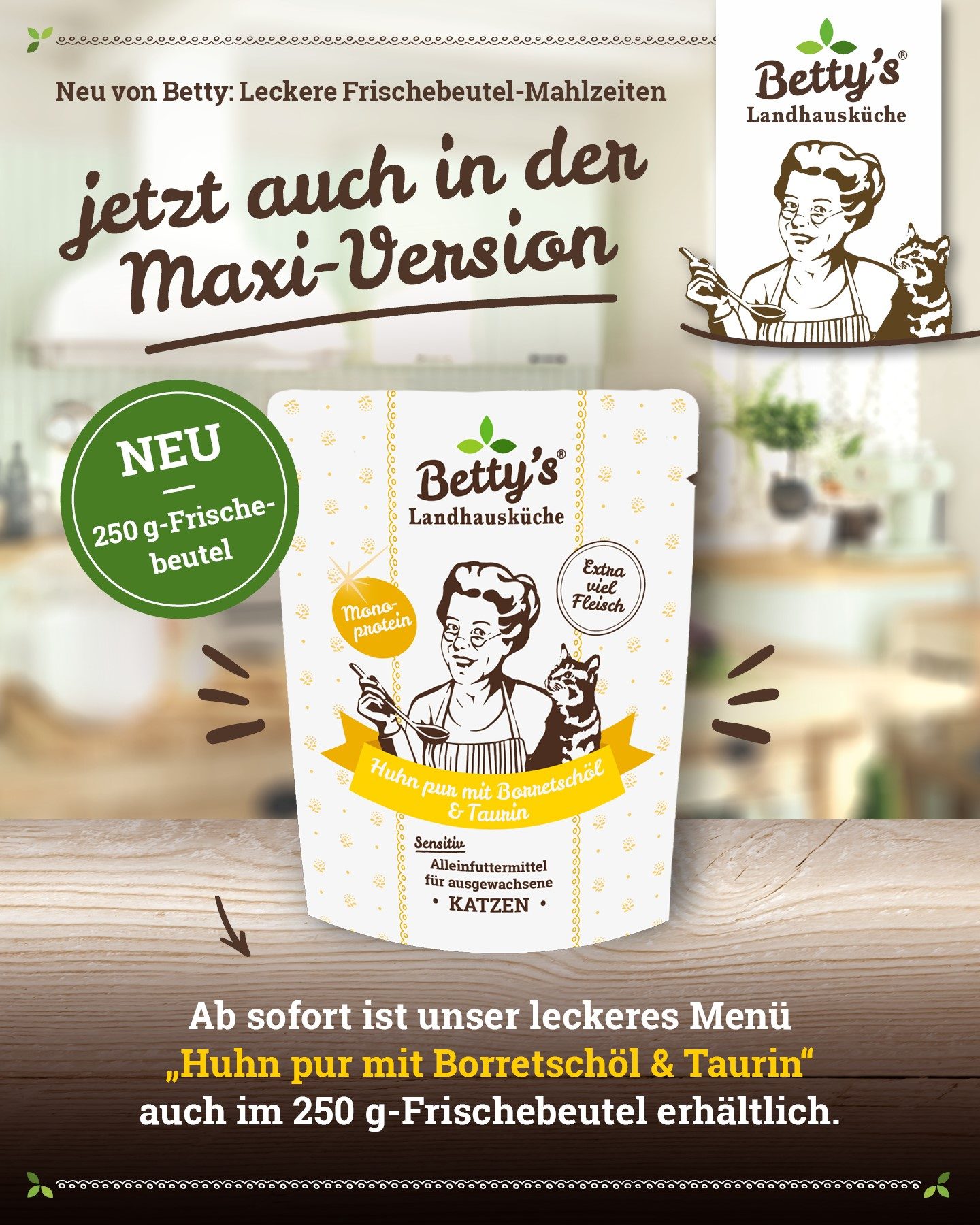 Thumbnail 3: Betty's Landhausküche Katzennassfutter Huhn pur mit Borretschöl & Taurin 12x 250g im Frischebeutel