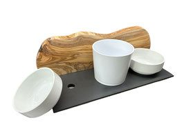 Thumbnail 4: Olivenholz-erleben Futterstation MOUNTAIN 2 x 0,4 Liter Porzellannäpfe plus Topf für Katzengras