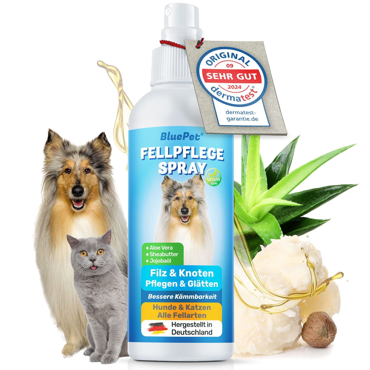 Produktbild von Entfilzungsspray Fellspray für Hunde & Katzen löst Verfilzungen für bessere Kämmbarkeit, Anti Filz, Glätten & Pflege: Aloe Vera, Shea-Butter, Jojobaöl