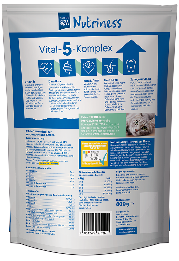 Thumbnail 4: NutriQM Sterilized Trockenfutter mit ITW-Siegel | für ausgewachsene Katzen | Nutriness 5 x 800g | ohne Zucker, Gluten & künstliche Zusätze