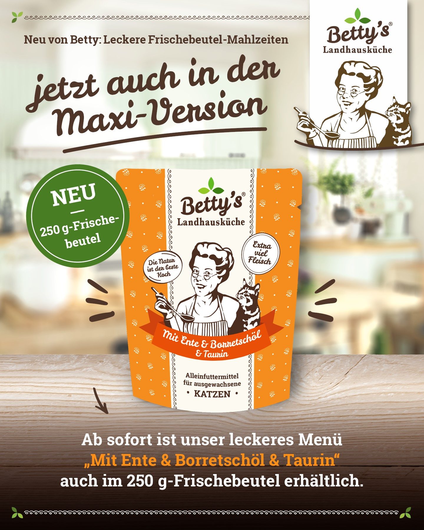 Thumbnail 1: Betty's Landhausküche Katzennassfutter mit Ente und Borretschöl 12x 250g im Frischebeutel