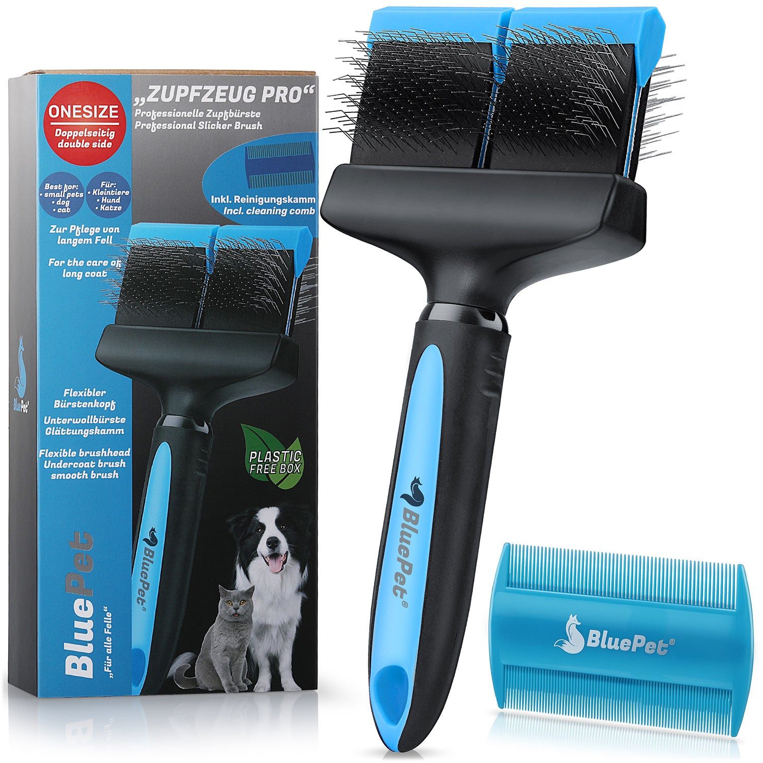 Produktbild von Profi-Zupfbürste doppelseitig für Hunde & Katzen, professionelle Bürste für Langhaar, beidseitig flexibler Bürstenkopf für sanfte Pflege, zweiseitig