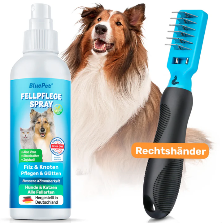 Thumbnail 1: BluePet Kleines Filz- und Knotenfrei-Set (Entfilzer Rechtshänder und Fellspray) - löst Verfilzungen und Knötchen aus dem Fell. Entfilzungs Harke mit Spray