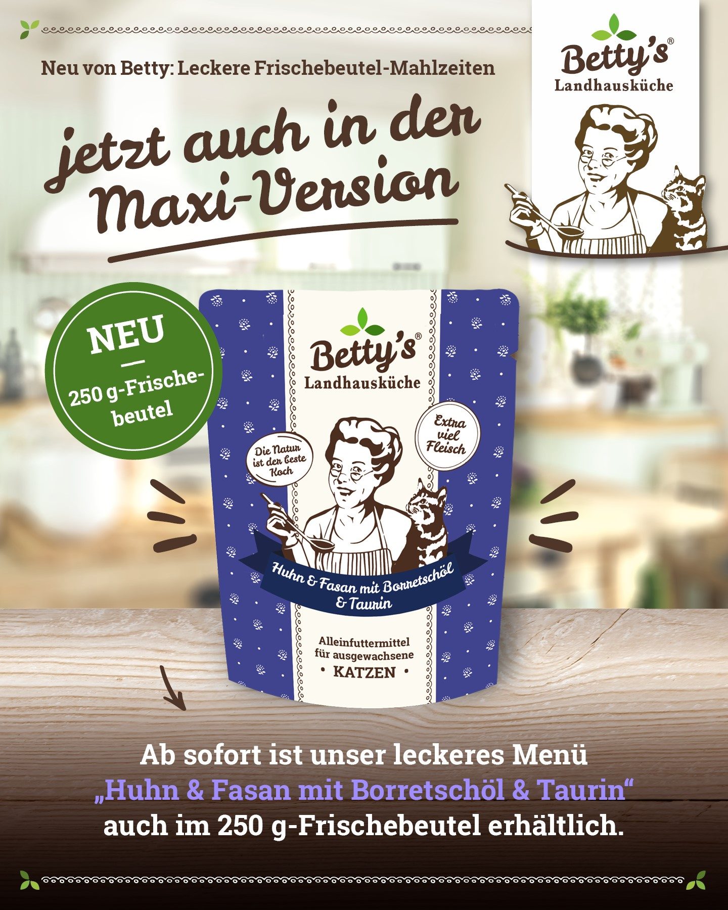 Thumbnail 2: Betty's Landhausküche Katzennassfutter Huhn & Fasan mit Borretschöl 12x 250g im Frischebeutel