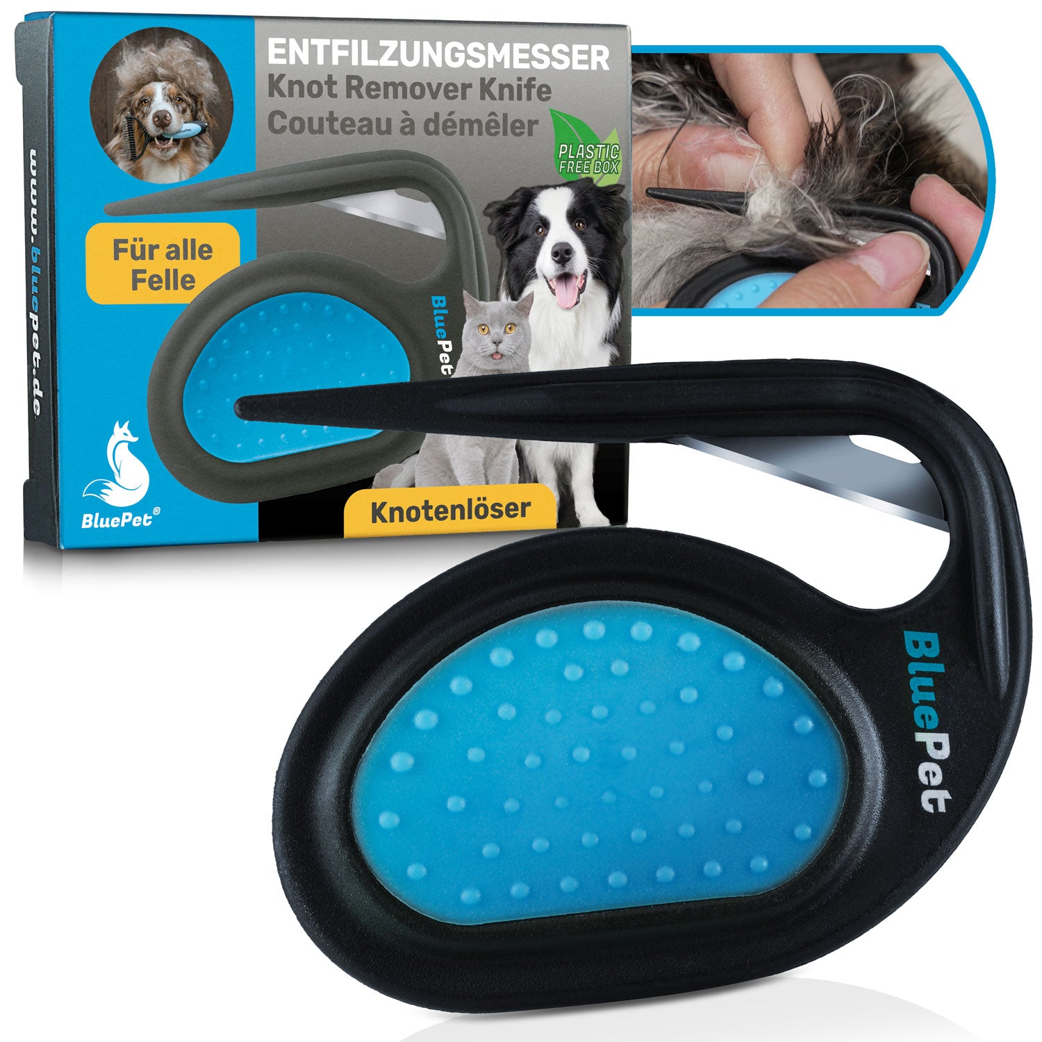 Produktbild von Knotenmesser / Entfilzungsmesser / Knotenentferner bei festen Knoten & verfilztes Fell entfernen für Hunde & Katzen, Pflegemesser mit scharfer Klinge
