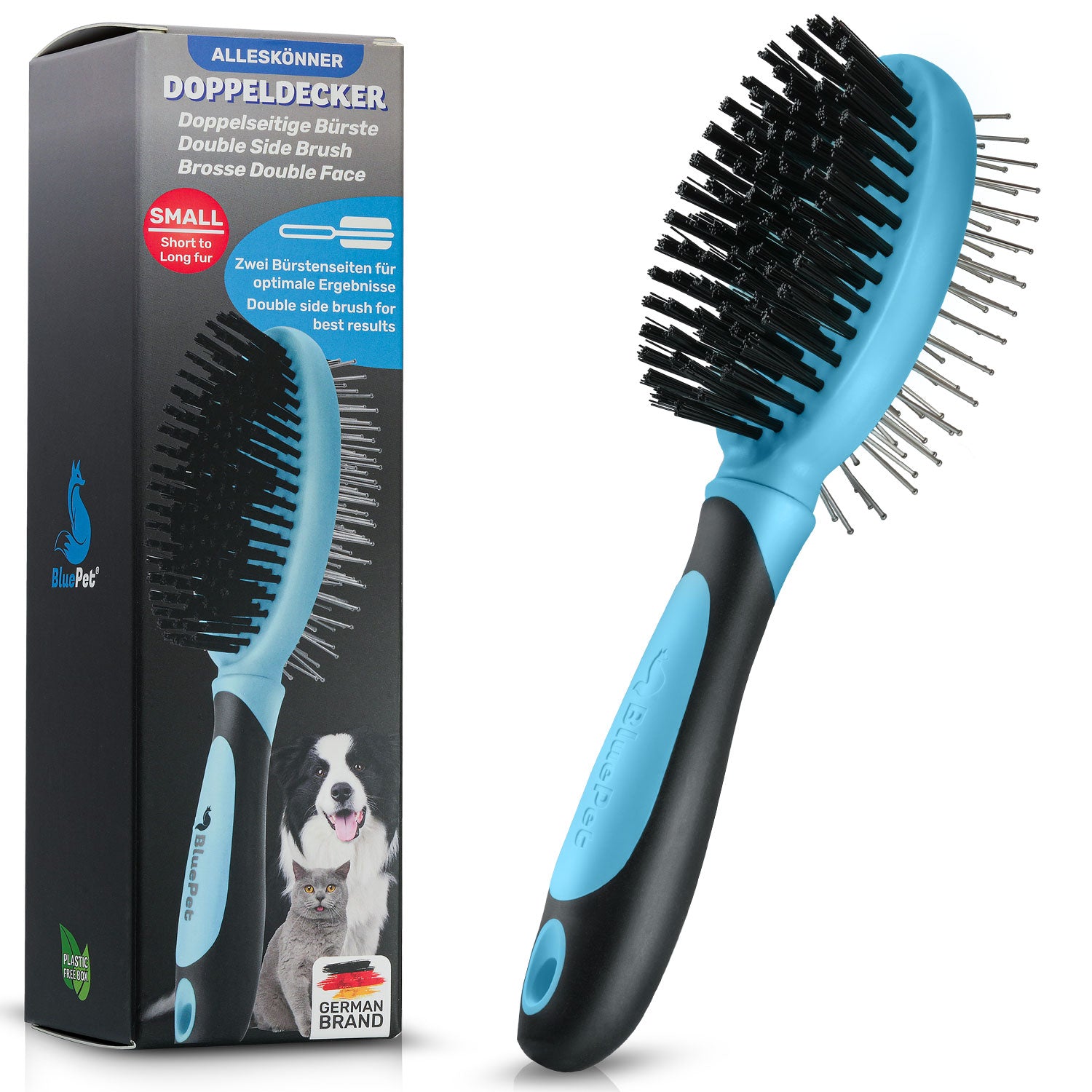 Produktbild von 'DoppelDecker' Doppelbürste für Hunde und Katzen (doppelseitig nutzbar), beidseitig sanfte Fellpflege - zweiseitige Nutzung, 2in1