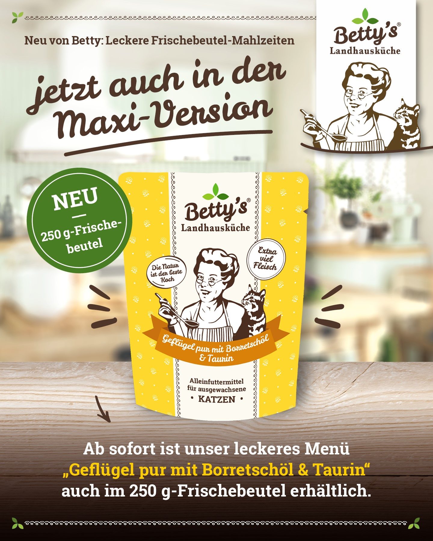 Thumbnail 2: Betty's Landhausküche Diätfutter für Katzen mit Geflügel pur und Borretschöl 12x 250g im Frischebeutel