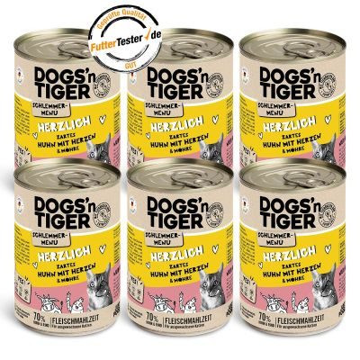 Thumbnail 1: Dogs'n Tiger Adult, Katzenfutter, Herzlich, Katzen Nassfutter, Getreidefrei, Huhn, Rinderherzen & Karotte, 6x 400g
