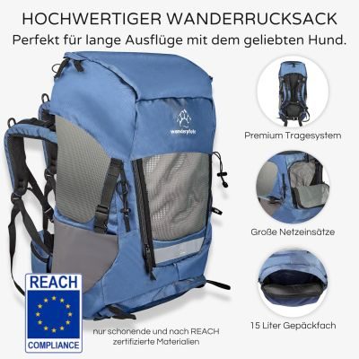 Thumbnail 2: Wanderpfote Trekking Hunderucksack bis 12kg zum Wandern - Größe M, Farbe Blau - Premium Rucksack mit Höhenverstellbarem Tragesystem und Stauraum für Gepäck