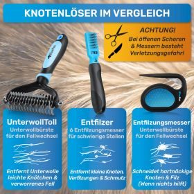 BluePet Großes Filz- und Knotenfrei-Set (Entfilzer Rechshänder, Knotenmesser, UnterwollHarke und Fellspray) - löst Verfilzungen, Knötchen und Unterwolle aus dem Fell (Langhaar)
