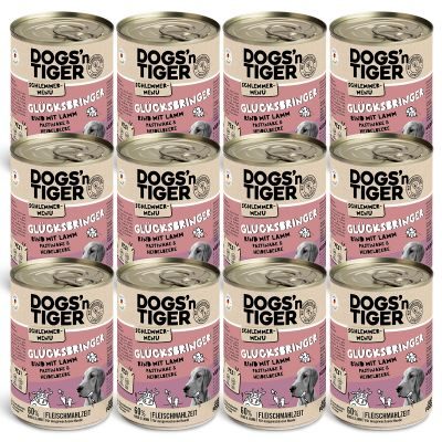 Dogs'n Tiger Adult Hundefutter, Glücksbringer, Nassfutter, Getreidefrei, Rind, Lamm, Pastinake & Heidelbeeren, 12x 400g
