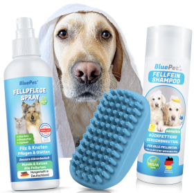 BluePet Hunde Wellness-Pflege Sparset: Fellfein-Hundeshampoo sensitiv, Massage-Badestriegel und Fellpflege Spray für die beste Fellness für deinen Hund