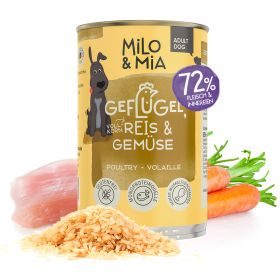 Milo & Mia  Schonkost für Hunde Nassfutter, magenschonendes Hundefutter für Hunde mit Magen-Darm-Problemen, weizenfreie Zutaten: Geflügel, Reis & Gemüse (1x400g)