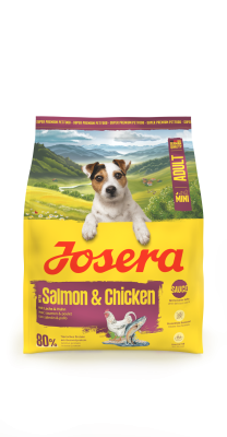 Josera Mini Adult Salmon & Chicken, Trockenfutter mit Soße für kleine, ausgewachsene Hunde 5x900g