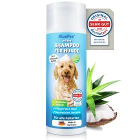 BluePet Mildes Hundeshampoo gegen Juckreiz, Gerüche & Schmutz - Rückfettend & pH-Neutral - sensitiv für alle Hunderassen & Welpen mit Aloe Vera & Jojobaöl