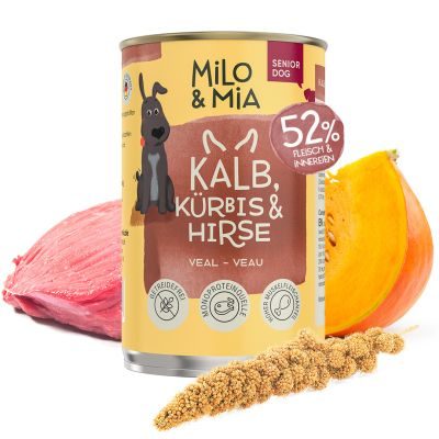 Thumbnail 1: Milo & Mia Schonkost für Hunde Nassfutter, magenschonendes Hundefutter für Hunde mit Magen-Darm-Problemen, glutenfreie Zutaten: Kalb, Kürbis & Hirse (6x400g)