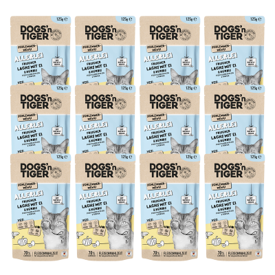 Dogs'n Tiger Adult Katzenfutter, Allerlei, Nassfutter für Katzen, Getreidefrei, Lachs mit Ei & Kürbis, 12x 125g