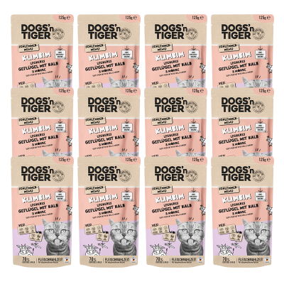Thumbnail 1: Dogs'n Tiger Adult Katzenfutter, Klimbim, Nassfutter für Katzen, Getreidefrei, Geflügel, Kalb mit Karotte, 12x 125g