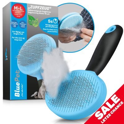 BluePet Selbstreinigende Zupfbürste, Hundebürste & Katzenbürste für Langhaar, ZupfZeug mit Reinigungsknopf für die tägliche Anwendung im Fellwechsel