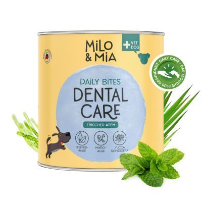 Bild 1 von 1: Milo & Mia Daily Bites Dental Zahnpflege Snack für Hunde, mit Pfefferminze und Yucca gegen unangenehme Gerüche, antimikrobiell durch Ingwer & Kurkuma (3x300g)