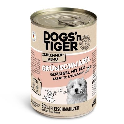 Thumbnail 6: Dogs'n Tiger Junior, Hundefutter, Grünschnabel, Hunde Nassfutter, Welpen Futter, Geflügel, Getreidefrei, Naturreis, Karotte & Zucchini, 6x 400g