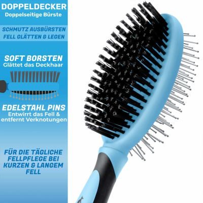 Thumbnail 2: BluePet 'DoppelDecker' Doppelbürste für Hunde und Katzen (doppelseitig nutzbar), beidseitig sanfte Fellpflege - zweiseitige Nutzung, 2in1