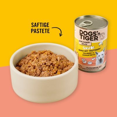 Thumbnail 3: Dogs'n Tiger Adult Hundefutter, Gaudi, Nassfutter, Getreidefrei, Huhn, Truthahn, Cranberry & Süßkartoffel, 6x 400g