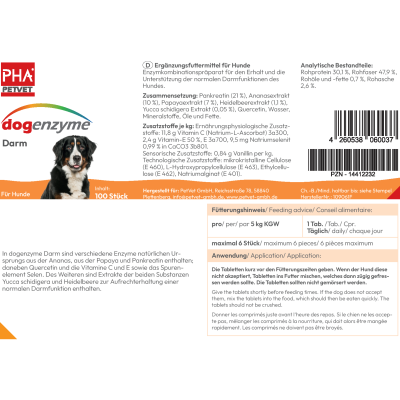 Thumbnail 4: PHA PetVet - PHA dogenzyme – Darm 100 Tabletten (46 g) - Enzymkombinationspräparat für den Erhalt und die Unterstützung der normalen Darmfunktionen des Hundes.