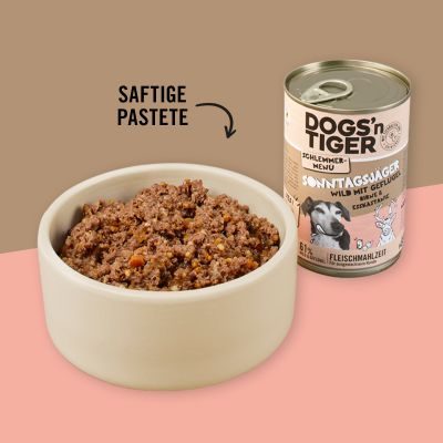 Thumbnail 5: Dogs'n Tiger Adult Hundefutter, Sonntagsjäger, Hunde Nassfutter, Wild, Geflügel, Birne, Hirse & Karotte, 12x 800g