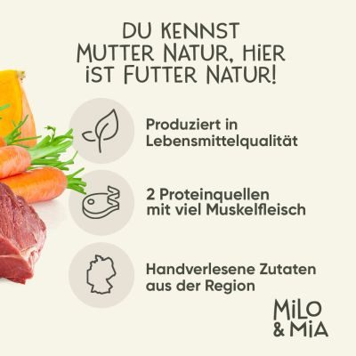 Thumbnail 2: Milo & Mia Nassfutter für Hunde, Schonkost Hundefutter weizenfrei, dadurch sanft zu Magen & Darm, weizenfrei, natürliche Zutaten: Wild, Lamm & Nudeln (1x400g)