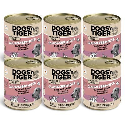 Dogs'n Tiger Adult Hundefutter, Glücksbringer, Nassfutter, Getreidefrei, Rind, Lamm, Pastinake & Heidelbeeren, 6x 800g
