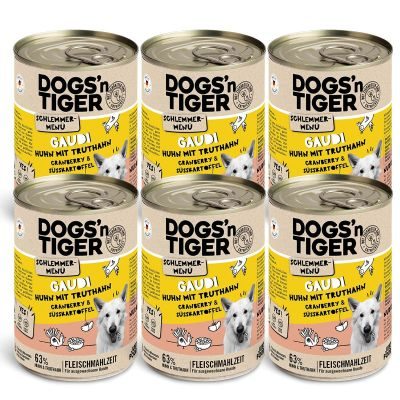 Dogs'n Tiger Adult Hundefutter, Gaudi, Nassfutter, Getreidefrei, Huhn, Truthahn, Cranberry & Süßkartoffel, 6x 400g