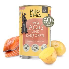 Milo & Mia  Schonkost für Hunde Nassfutter, magenschonendes Hundefutter für Hunde mit Magen-Darm-Problemen, weizenfreie Zutaten: Lachs & Kartoffel (24x400g)
