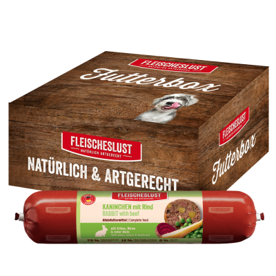 Bild 1 von 1: Fleischeslust Futterbox Kaninchen mit Rind mit Erbse, Birne & roter Bete (6x800g) Hundewurst