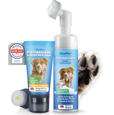 BluePet Pfoten Pflege-Sparset: Pfotenschaum Pfotenreiniger + Pfotenbalsam, Pfotenbalsam auch als Nasenbalsam verwendbar! Reinigt & pflegt sanft + unbedenklich
