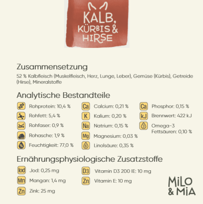 Thumbnail 4: Milo & Mia Schonkost für Hunde Nassfutter, magenschonendes Hundefutter für Hunde mit Magen-Darm-Problemen, glutenfreie Zutaten: Kalb, Kürbis & Hirse (6x400g)