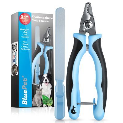 BluePet Krallenschere klein, ergonomisch für Hunde, Katzen, Kaninchen & Kleintiere I Schneidekopf angewinkelt für enge Krallen I Krallenschneider inkl. Feile