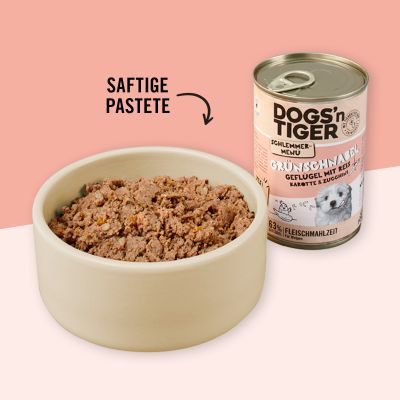 Thumbnail 4: Dogs'n Tiger Junior, Hundefutter, Grünschnabel, Hunde Nassfutter, Welpen Futter, Geflügel, Getreidefrei, Naturreis, Karotte & Zucchini, 6x 800g
