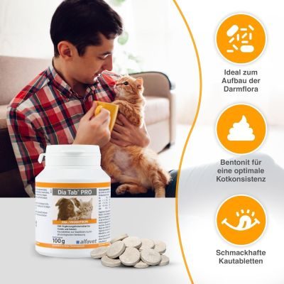 Thumbnail 5: alfavet Dia Tab PRO Prä- & Probiotika zur Stabilisierung der Verdauung – Leckere Kautabletten mit Bentonit zur Unterstützung der Darmflora für Hunde und Katzen 100 g
