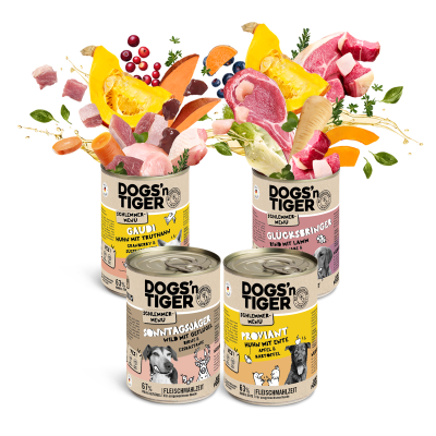 Thumbnail 6: Dogs'n Tiger Adult Hundefutter, Nassfutter, Getreidefrei, Mixpaket Schlemmerparadies, Rind, Lamm, Truthahn, Huhn & Ente, 16tlg-Set