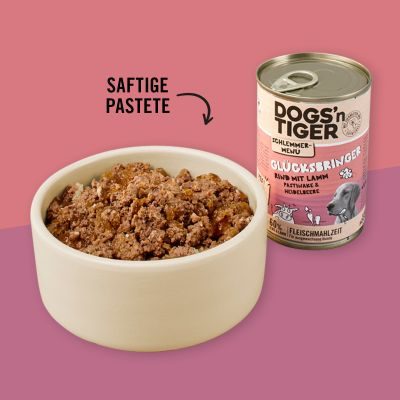 Thumbnail 2: Dogs'n Tiger Adult Hundefutter, Glücksbringer, Nassfutter, Getreidefrei, Rind, Lamm, Pastinake & Heidelbeeren, 6x 800g