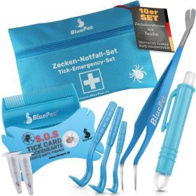 BluePet 10-teiliges Set Zeckenentferner in Tasche: Zeckenzange, Zeckenhebel, Zeckenpinzette, Zeckenkarte für Hund, Katze, Pferd & Mensch zur Zeckenentfernung