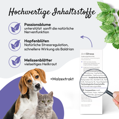 Thumbnail 5: PHA PetVet - PHA AntiStress für Hunde u. Katzen 30 ml - Flüssiges Ergänzungsfuttermittel zur natürlichen Unterstützung bei Stressreaktionen.