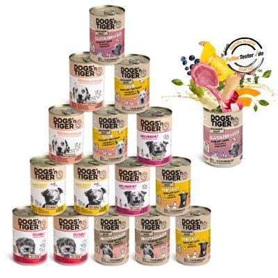 Thumbnail 9: Dogs'n Tiger Adult Hundefutter, Nassfutter, Getreidefrei, Mixpaket Schlemmerparadies, Rind, Lamm, Truthahn, Huhn & Ente, 16tlg-Set