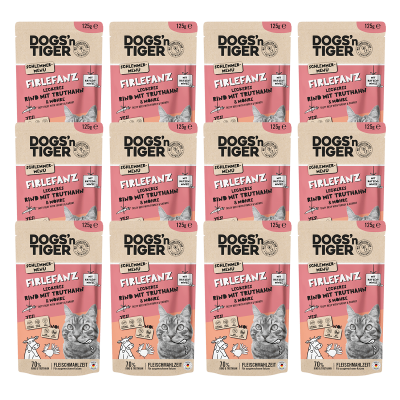 Thumbnail 1: Dogs'n Tiger Adult Katzenfutter, Firlefanz, Nassfutter für Katzen, Getreidefrei, Rind mit Truthahn & Karotte, 12x 125g