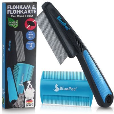 BluePet Flohkamm & Flohkarte gegen Flöhe - Alternative zu Flohmittel, Nissenkamm - schonend Läuse, Nymphen & lose Zecken herauskämmen durch feine, enge Zinken